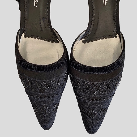 RAMON TENZA BLACK SATIN POINTY TOE KITTEN HEEL SHOE WITH ANKLE RIBBON - Picture 3 of 15